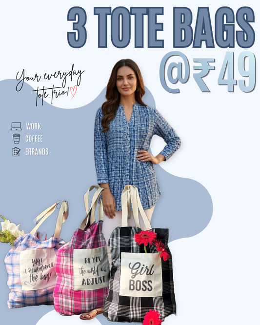 Women's Casual Pintuck Tunic - Lucia Blue & Easy carry Totes - pack of 3