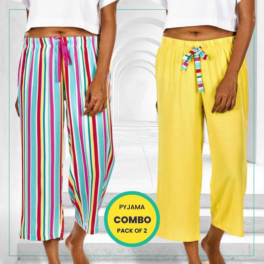 Women's Ankle Length Pyjama Combo (Pack of 2) - Candy Stripes Yellow