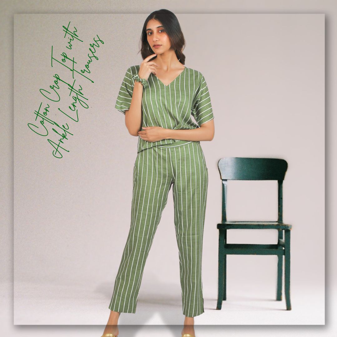 Women's Cotton Crop Top with Ankle Length Trousers Set - Olive White Printed Stripes