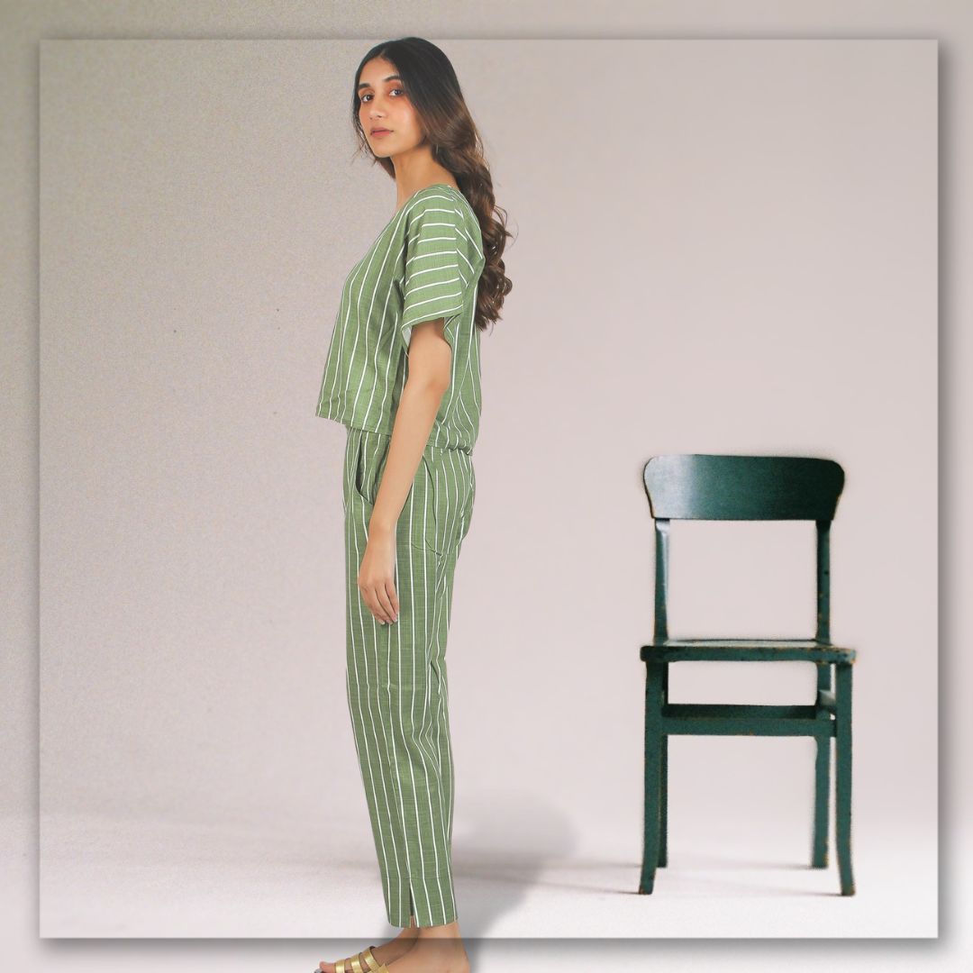 Women's Cotton Crop Top with Ankle Length Trousers Set - Olive White Printed Stripes