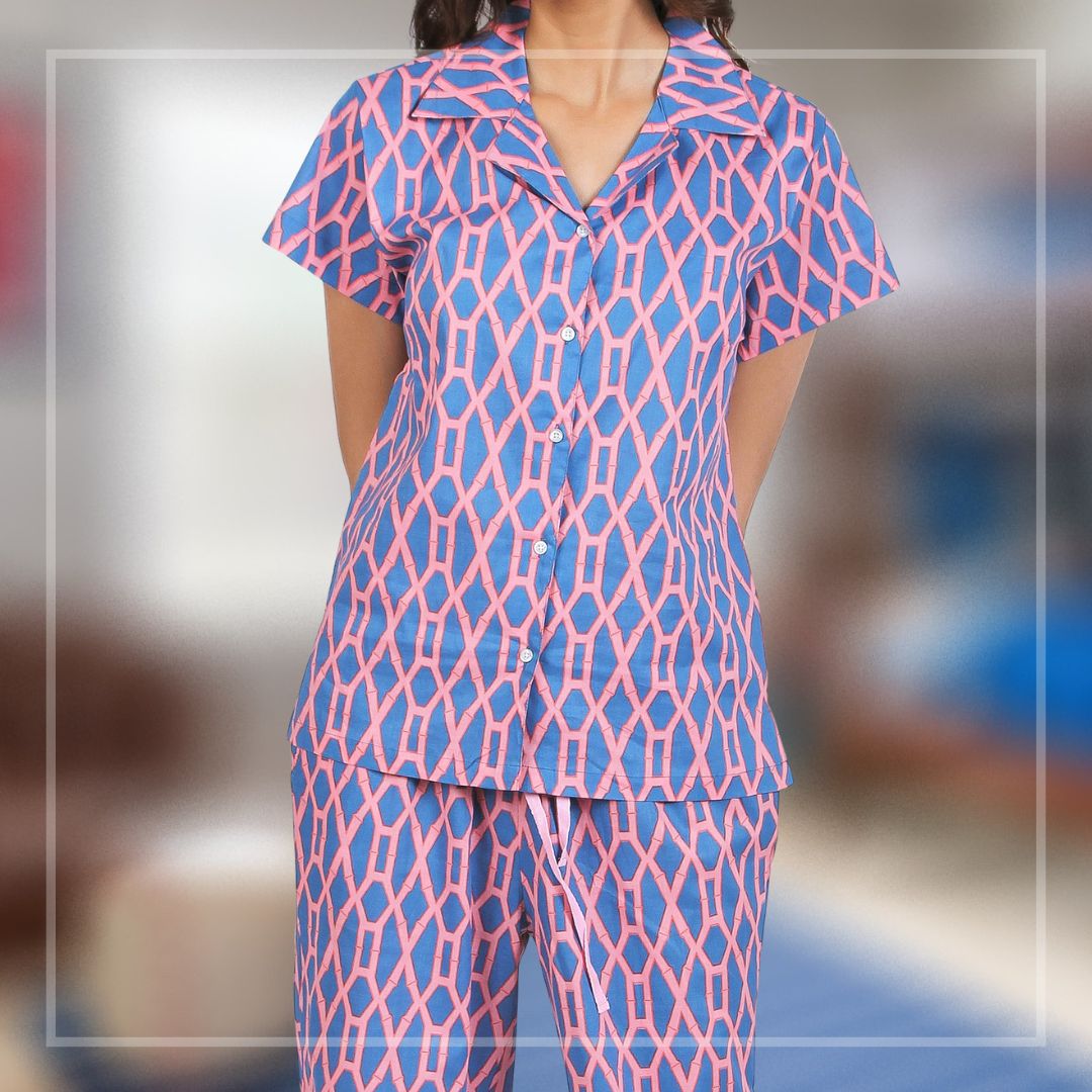 Blue hand block panda printed night suit - set of two by House Of Jamoti |  The Secret Label