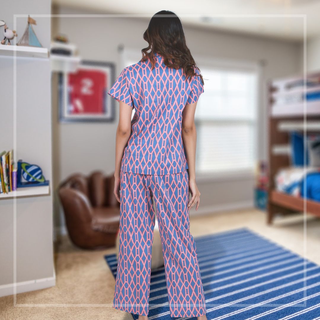 Ashvy Cotton Night Suit Set of Kurti & Pyjama (Blue Floral Print) – Ashvy  India