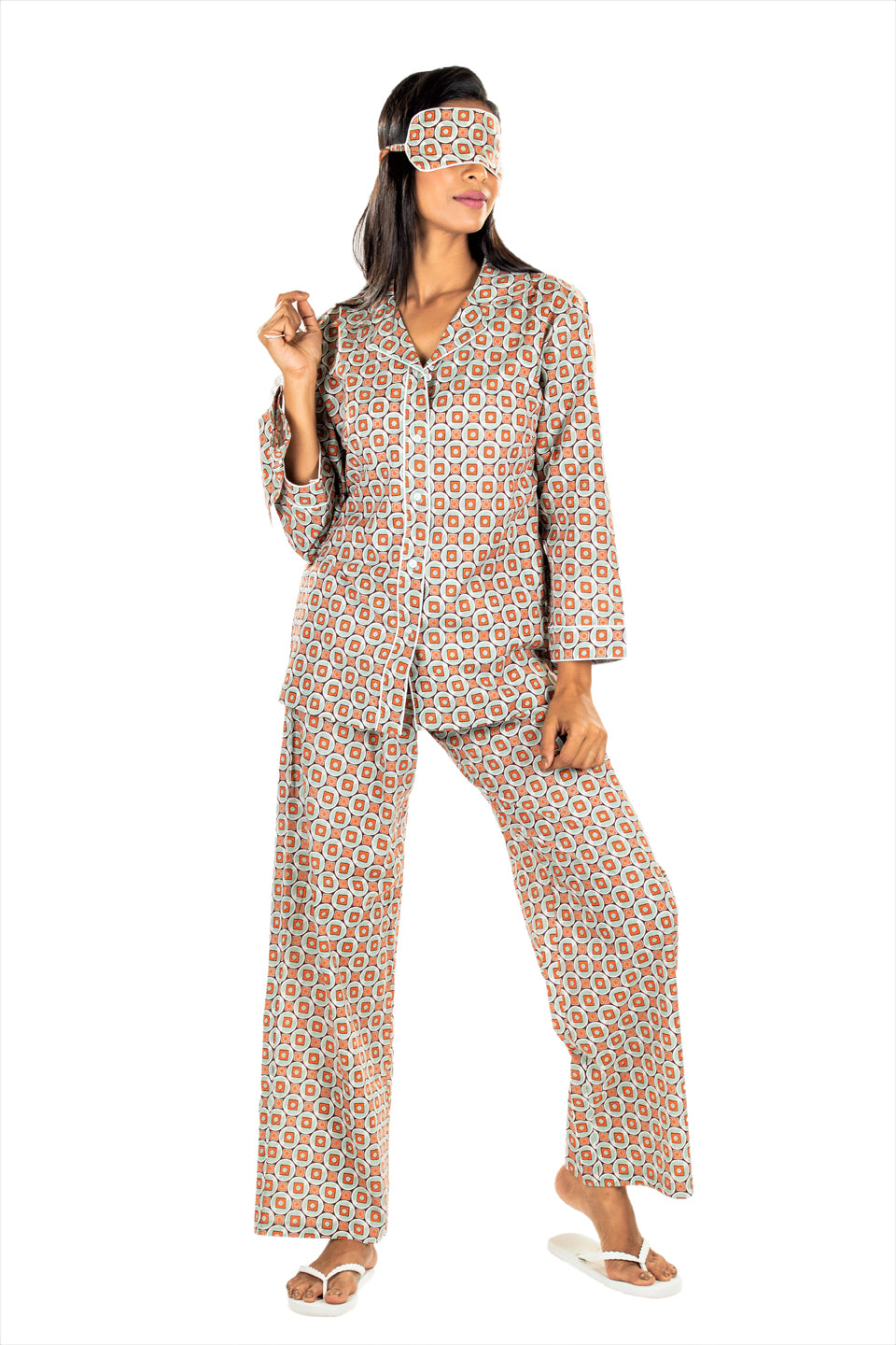 Women's Cotton Nightsuit - Rubic Grey Orange