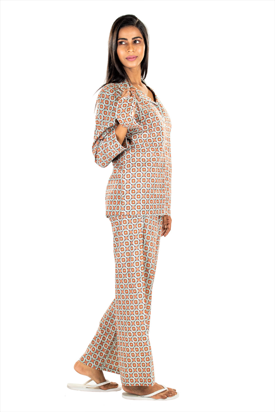 Women's Cotton Nightsuit - Rubic Grey Orange