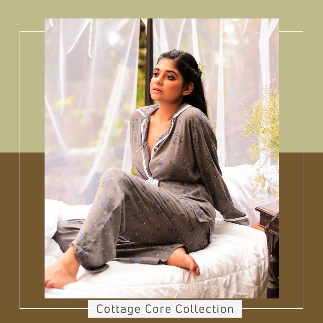 Women's CottageCore Modal Long PJ Set - Smoky