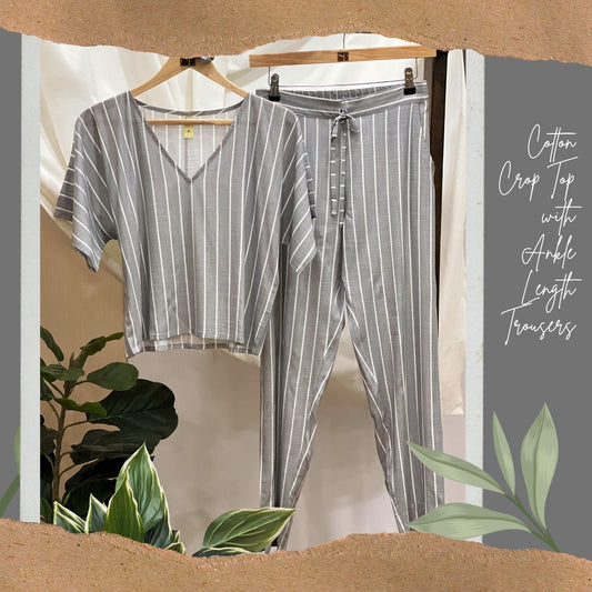 Women's Cotton Crop Top with Ankle Length Trousers Set - Grey White Printed Stripes