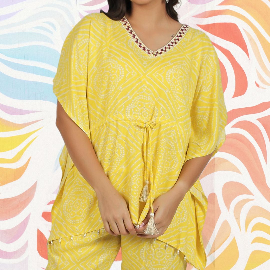 Festive Kaftan Co-Ord Set - Yellow Bandhini