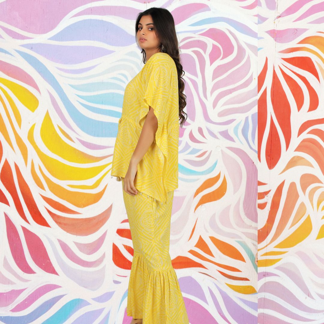 Festive Kaftan Co-Ord Set - Yellow Bandhini