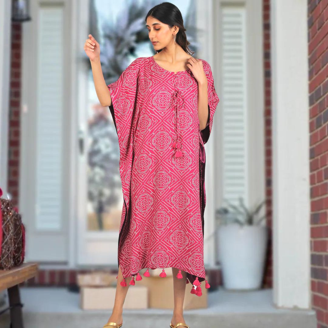 Festive Kaftan Dress - Pink Bandhini