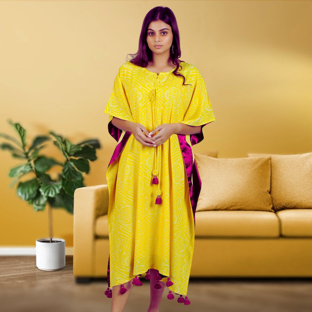 Festive Kaftan Dress - Yellow Bandhini