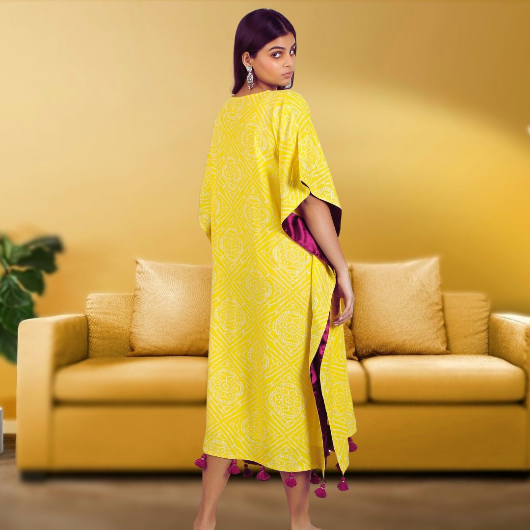 Festive Kaftan Dress - Yellow Bandhini