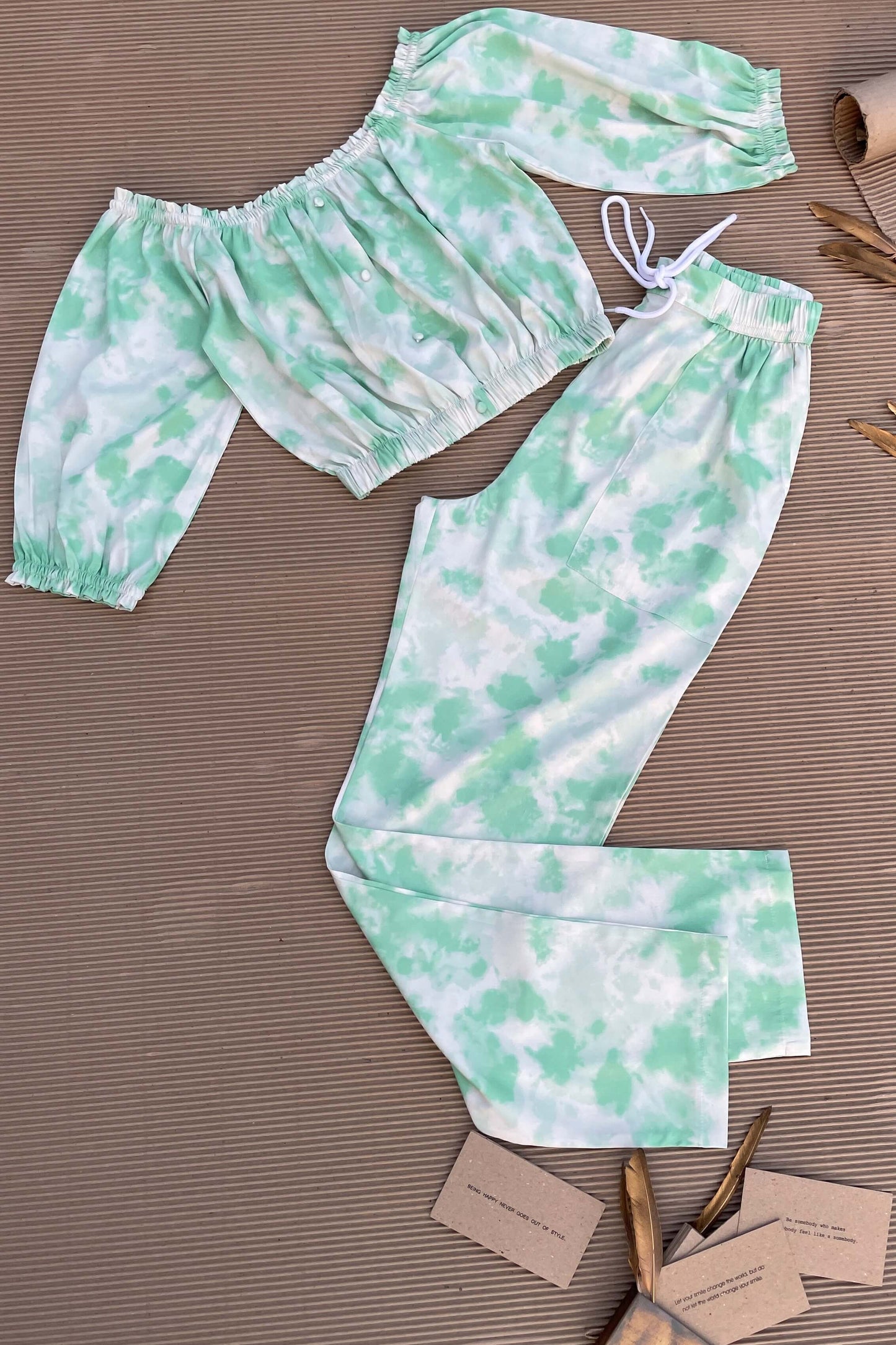 Women's TIE- n- DYE - Off Shoulder Co-Ord Set - Seafoam Green