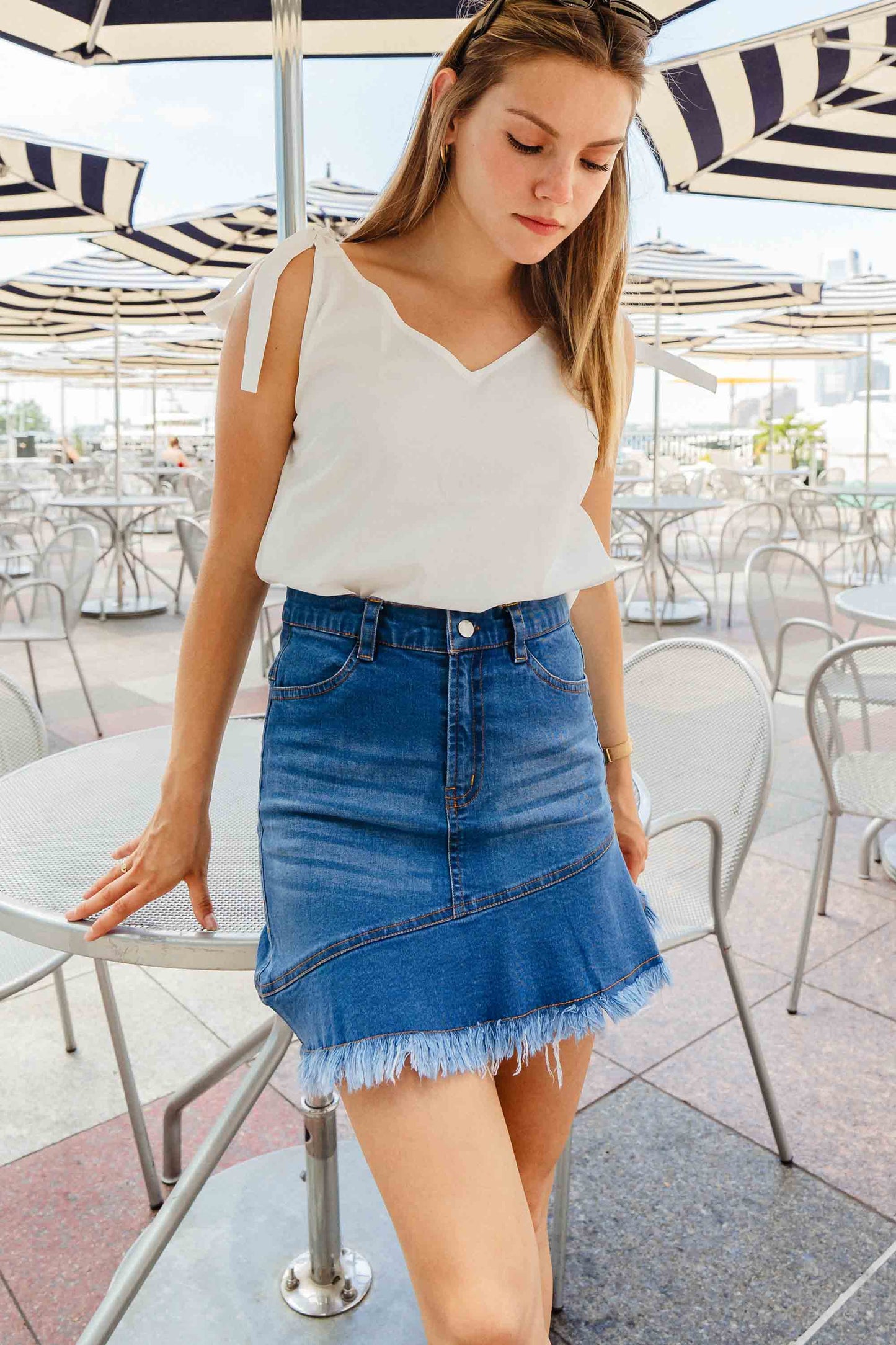 Women's Denim Short Skirt With Fringes