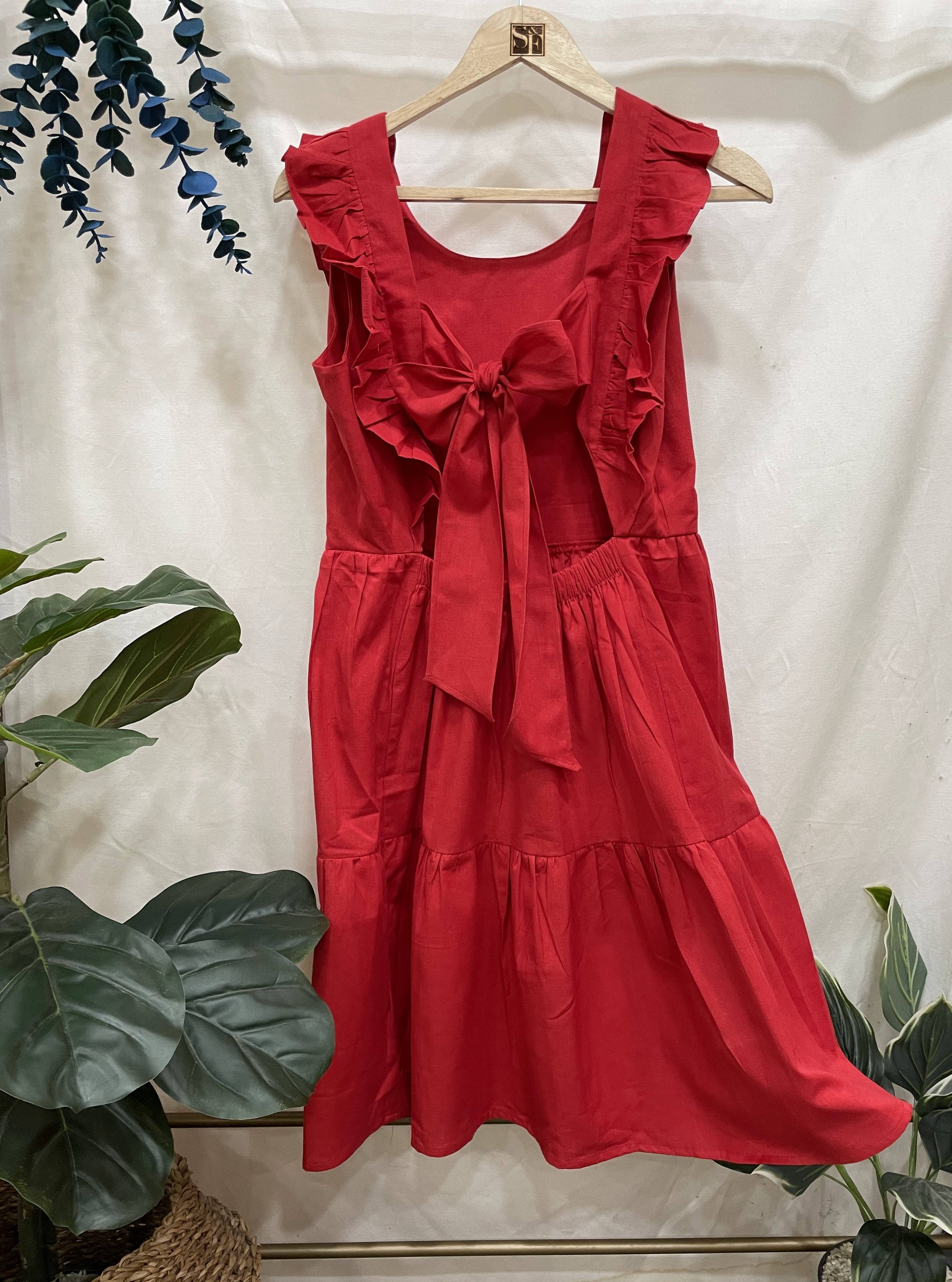 Women's Linen Cotton Red Brunch Outfits With Ruffle Sleeves-Brunch Dre S & F Online Store Women's Linen Cotton Red Brunch Outfits With Ruffle Sleeves-Brunch Dre S & F Online Store
