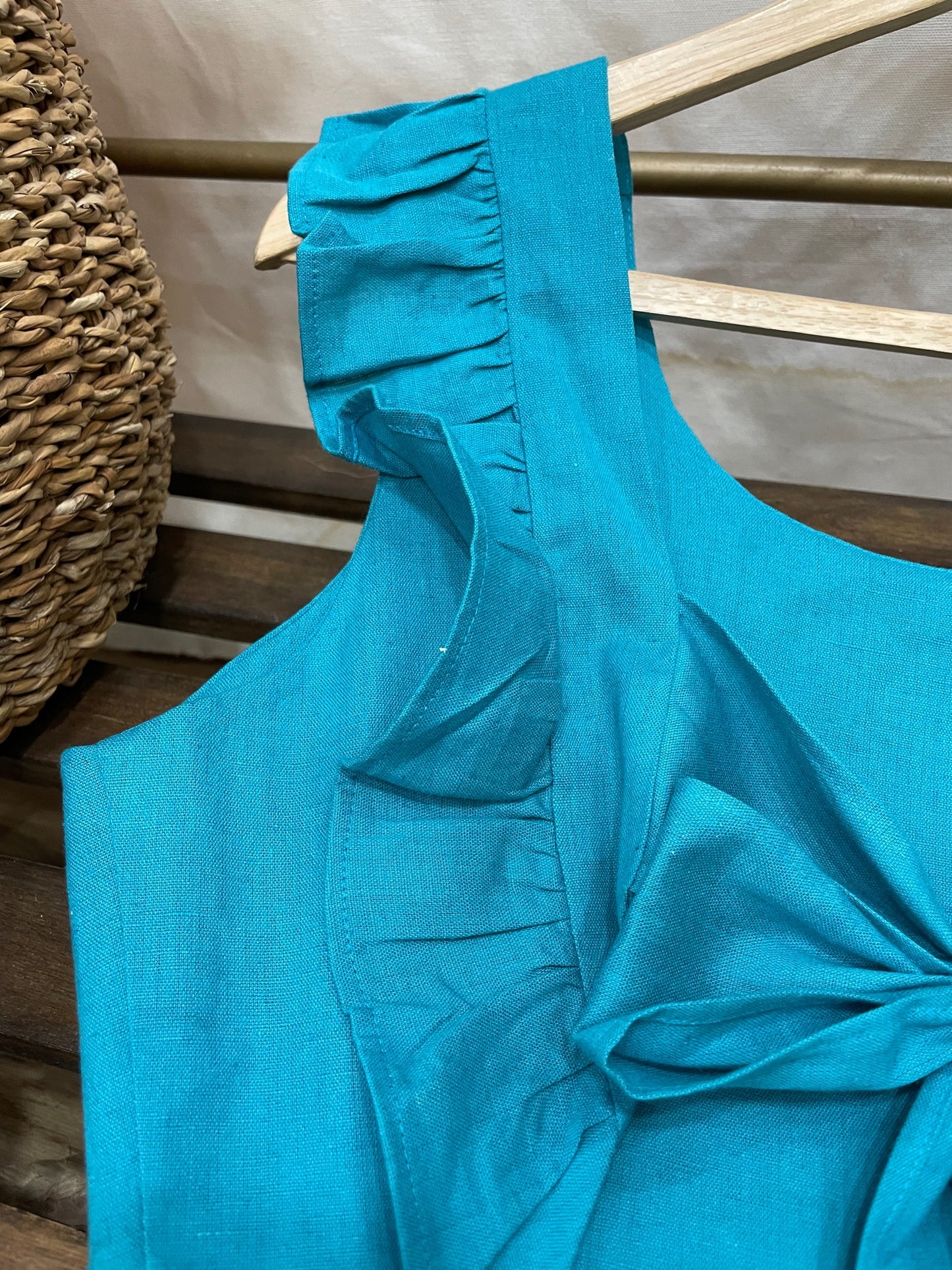 Women's Linen Cotton Teal Brunch Outfits With Ruffle Sleeves-Brunch Dress