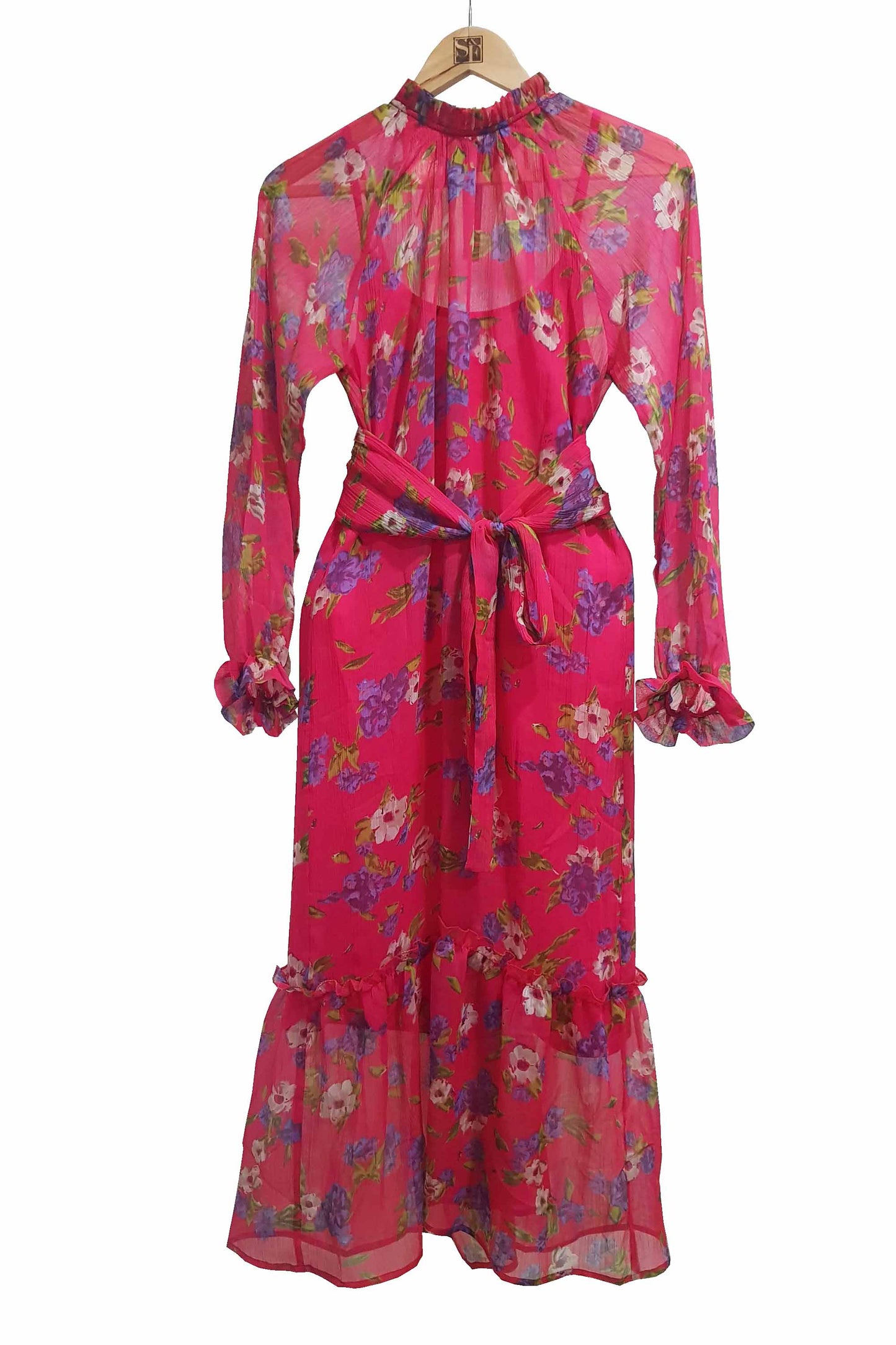 Women's Fresh Printed Frilled Neck Chiffon Long Dress