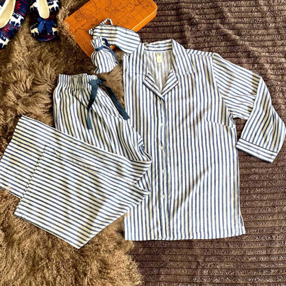 Modal Nightsuit Set - Vintage Stripes (Night Shirt, Pyjama/ Shorts, Sleeping Mask and Pouch)