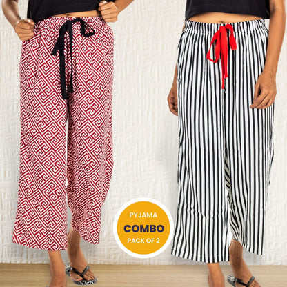 Women's Ankle Length Crepe Pyjama Combo (Pack of 2) - Black White Stripes & Greek Key Red