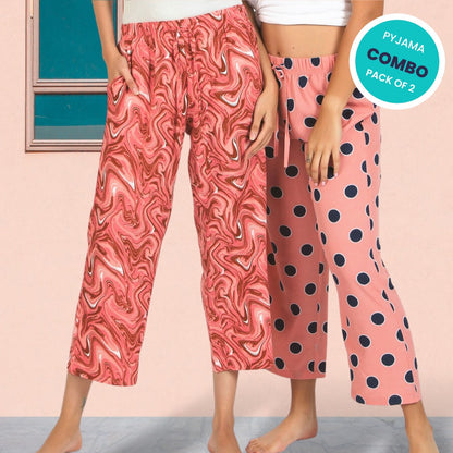 Women's Ankle Length Crepe Pyjama Combo (Pack of 2) - Spiral Rust-Polka Blush