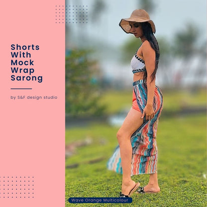 Shorts With Mock Wrap Sarong - Wave Orange Multi Color
