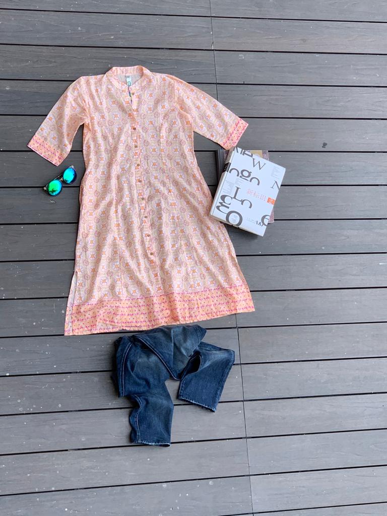 Women's Orange Cotton Printed Dress