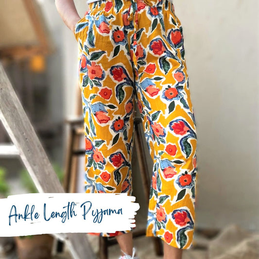 Women's Ankle-Length Pyjama - Blotched Blossom Ochre Yellow