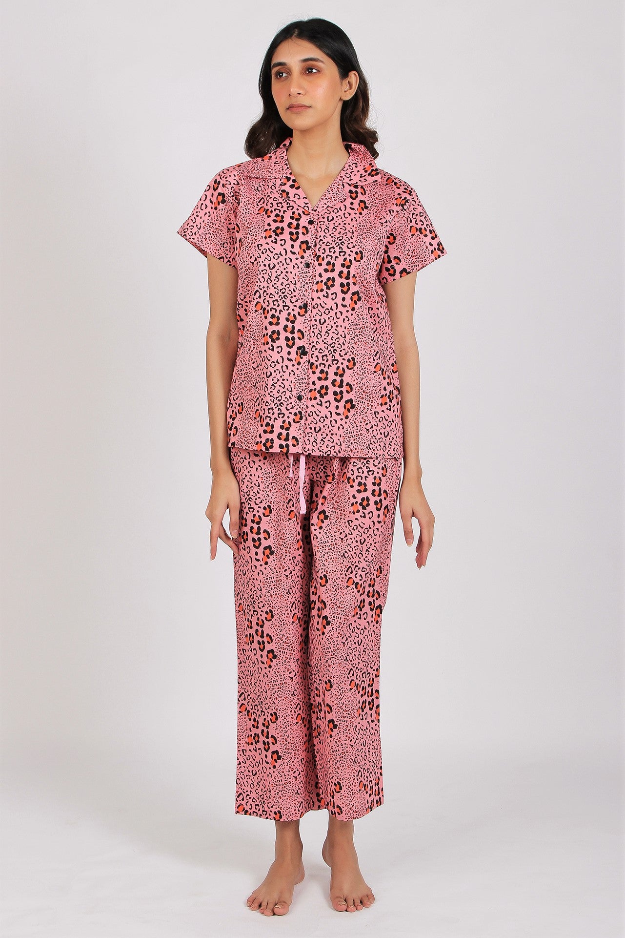 Women s Cotton Nightsuit Leopard Pink