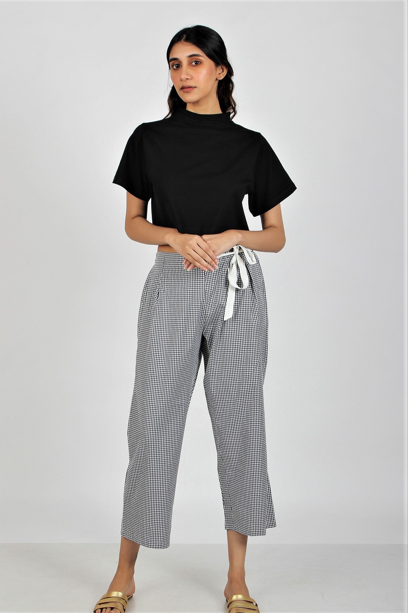 Women's Cropped Pants - Gingham Black White