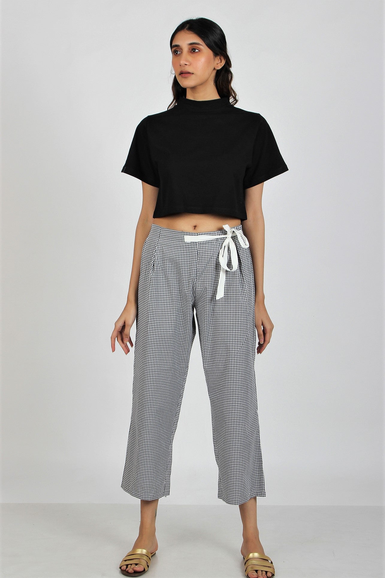 Women's Cropped Pants - Gingham Black White