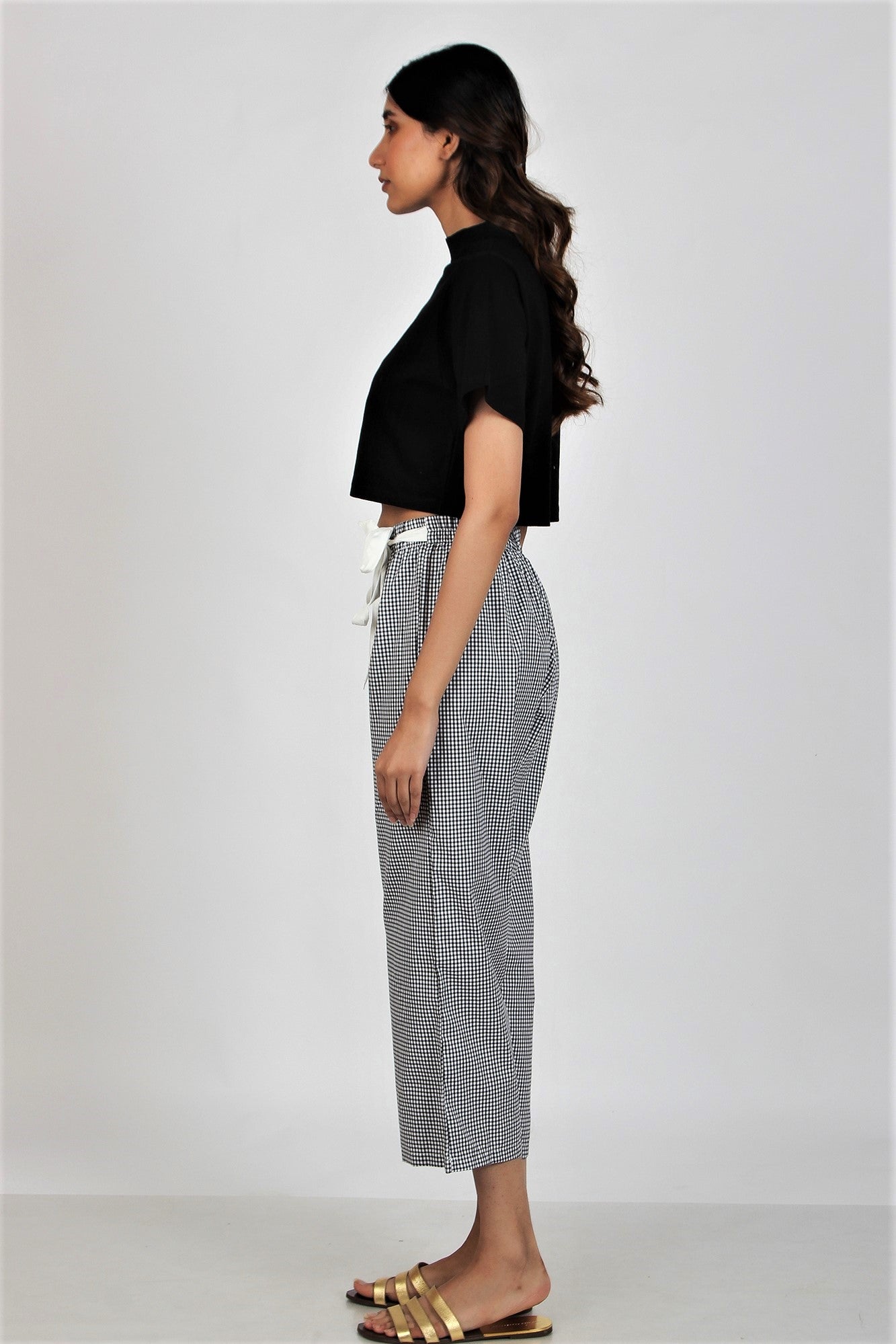 Women's Cropped Pants - Gingham Black White