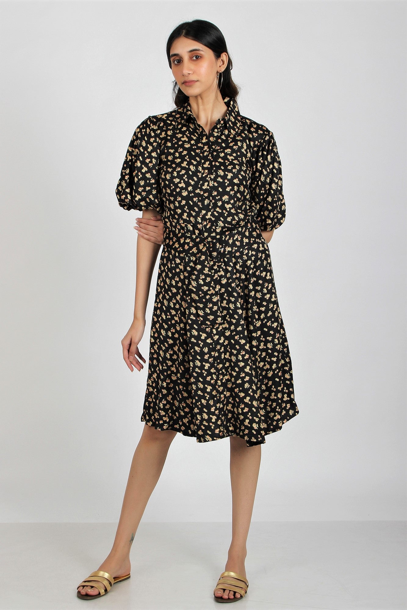 Women's Floral Midi Dress with Puffed Sleeves - Alpine