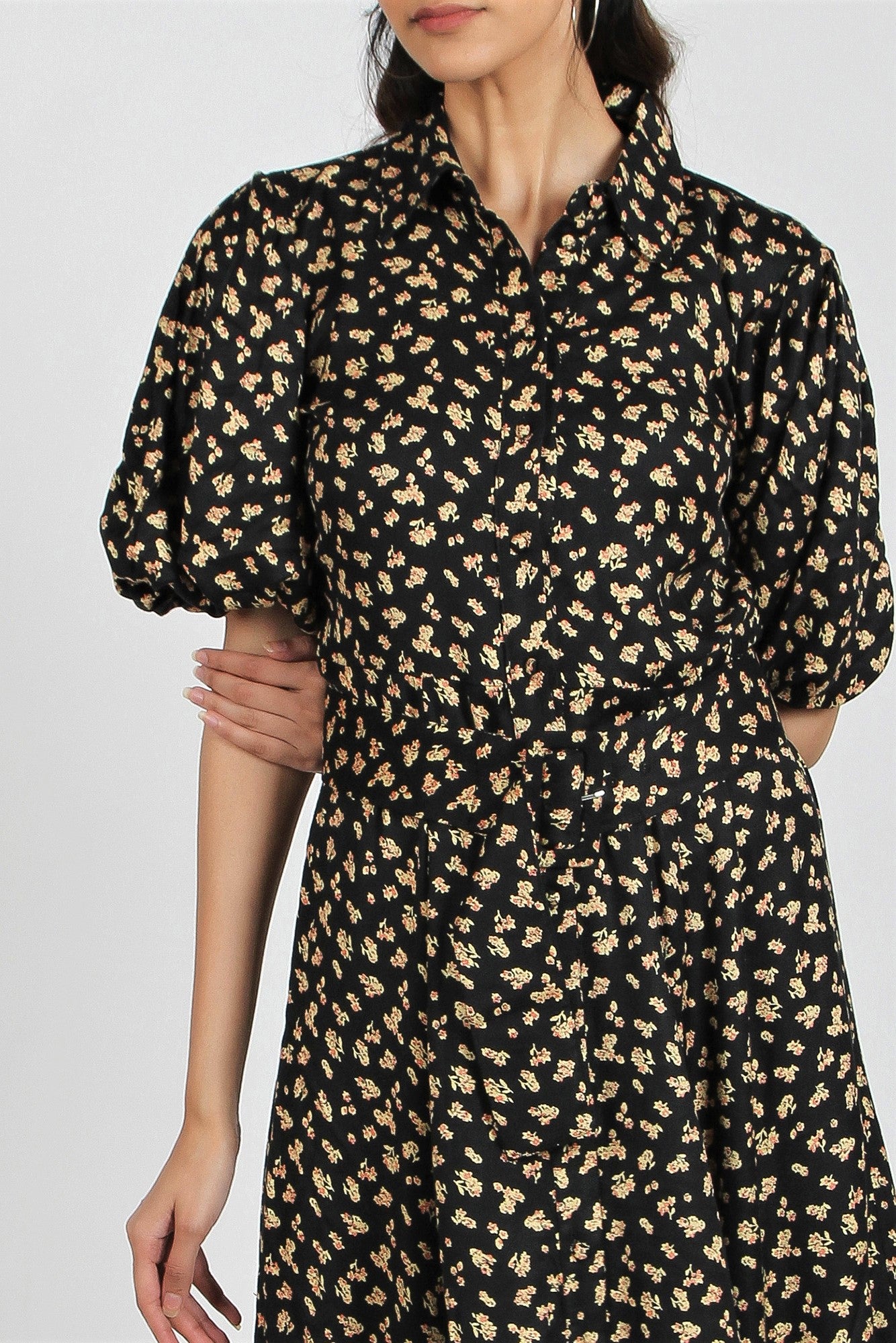 Women's Floral Midi Dress with Puffed Sleeves - Alpine