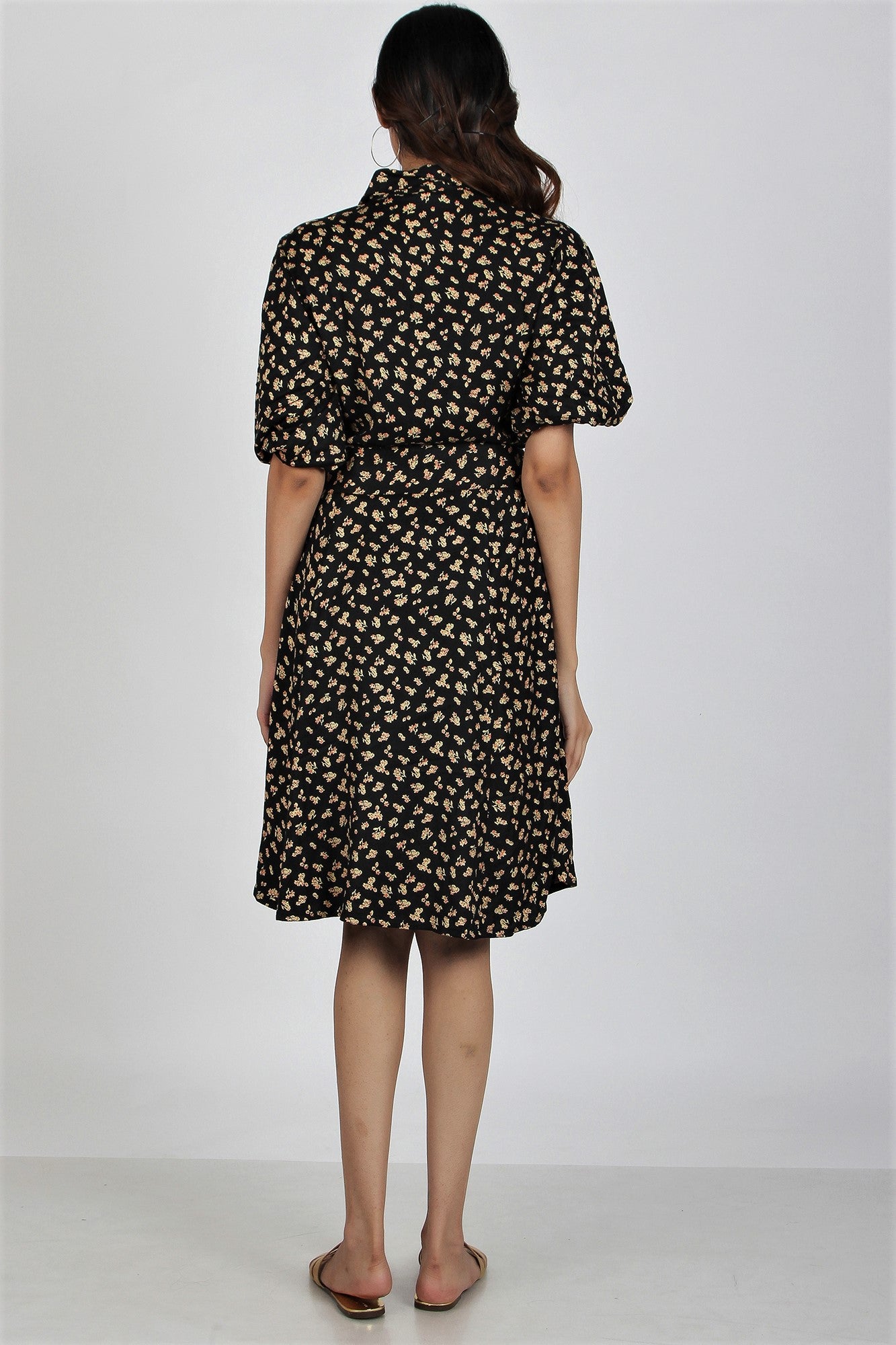 Women's Floral Midi Dress with Puffed Sleeves - Alpine