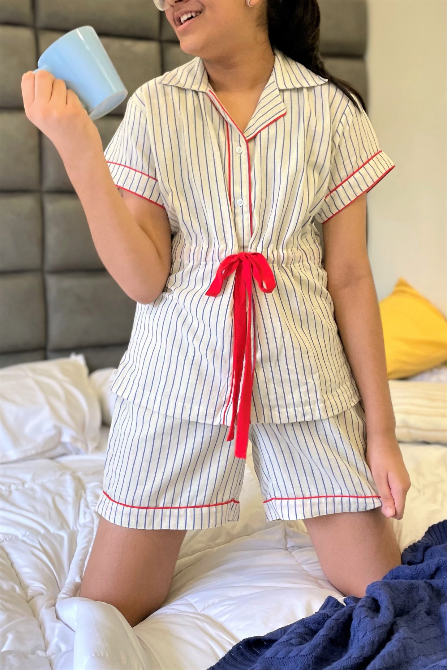 Women's Half Sleeves Shirt with Shorts Nightsuit - Ecru Navy Stripes