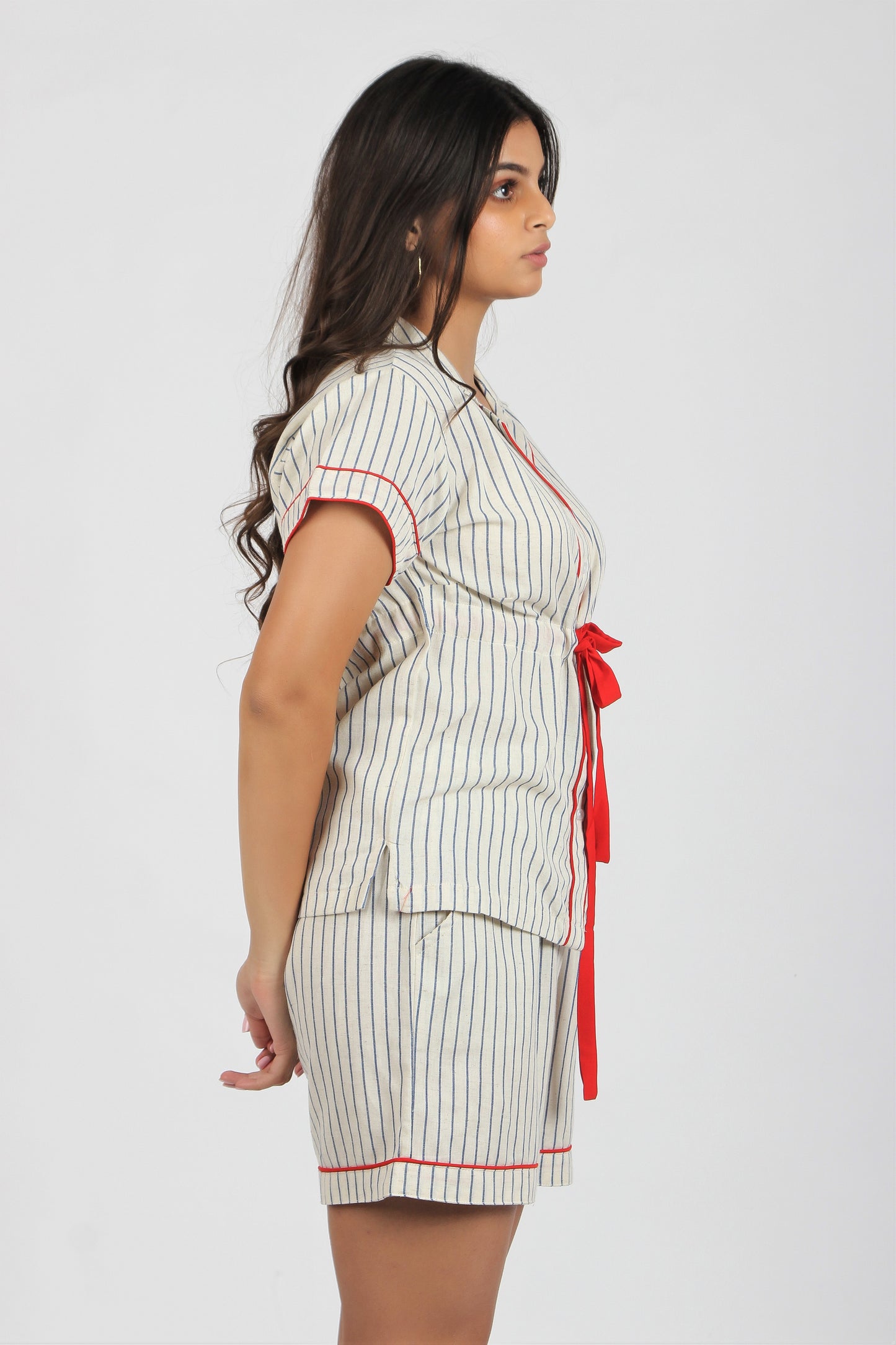 Women's Half Sleeves Shirt with Shorts Nightsuit - Ecru Navy Stripes