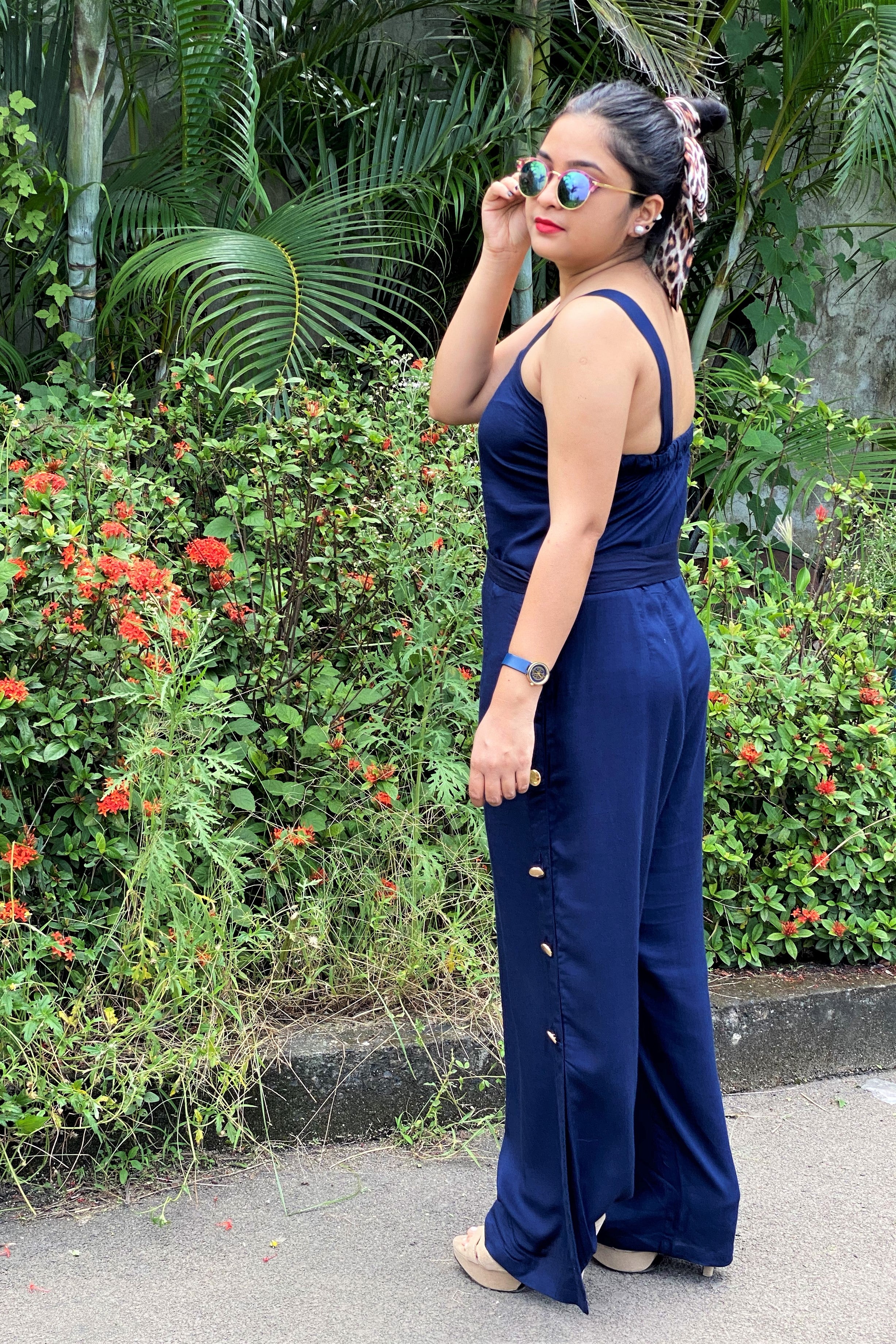 Navy blue and gold jumpsuit on sale