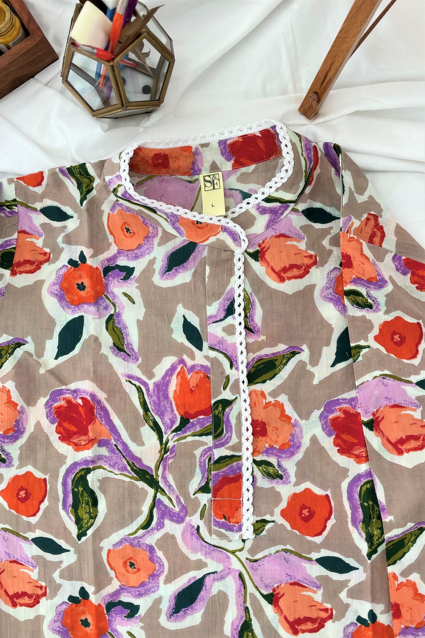 Women's POD Cotton Kurta Co-Ord Set - Blotched Blossom - Lavender