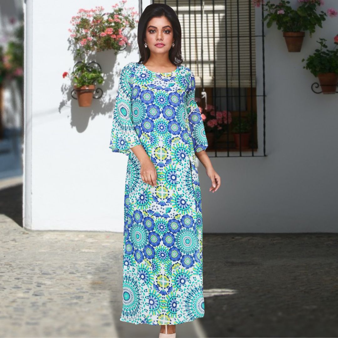 Women's Printed Full Sleeve Blue Long Dress With Lining