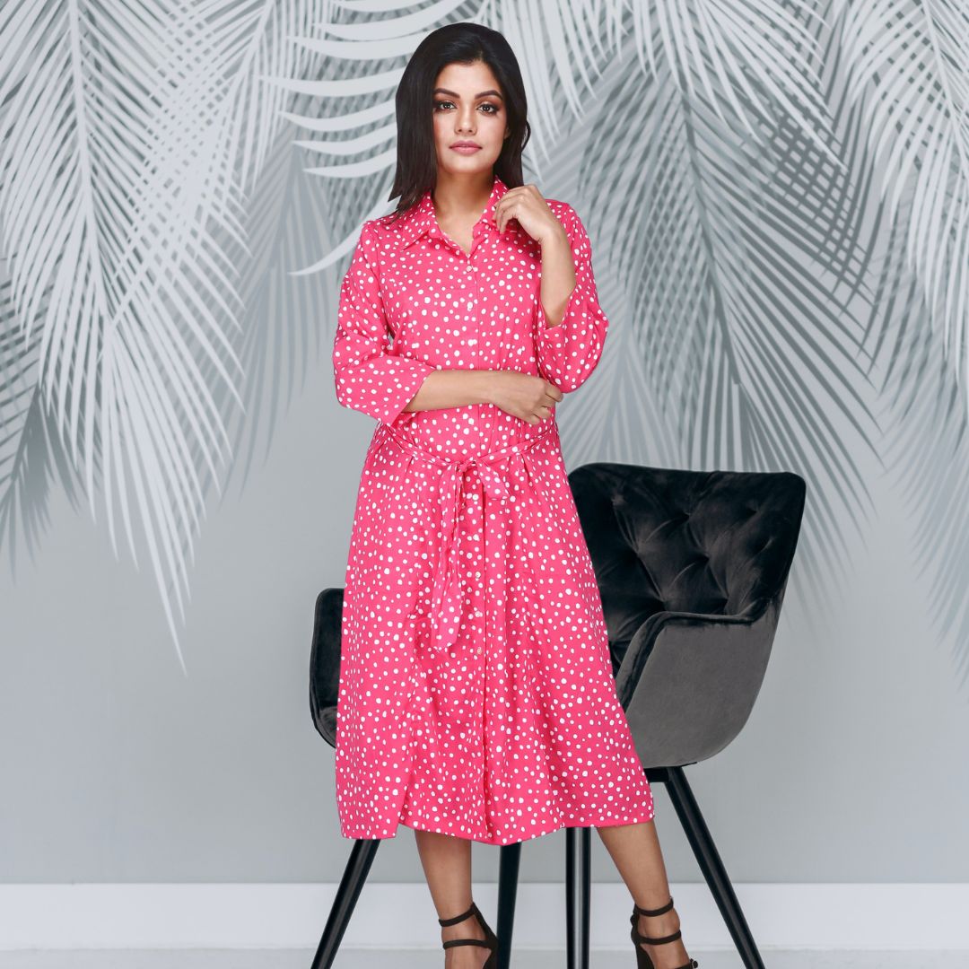 Women's Printed Pink Midi Dress