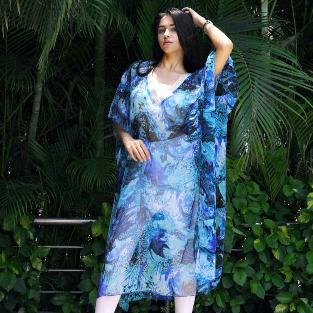 Women's Printed with Embroidery Turquoise Kaftan