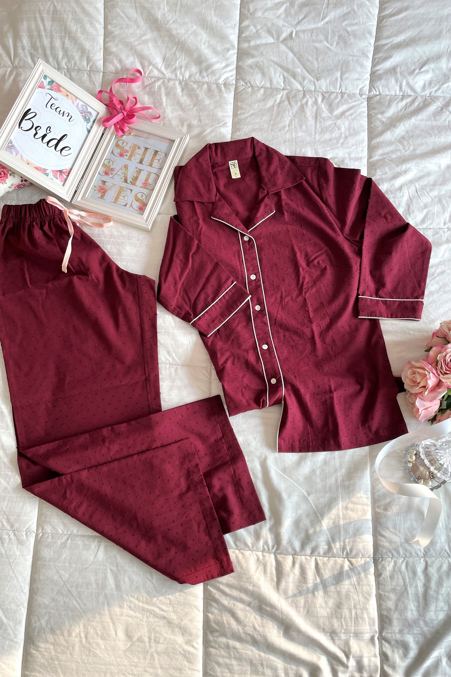 Women's Swiss Dot Maroon Nightsuit