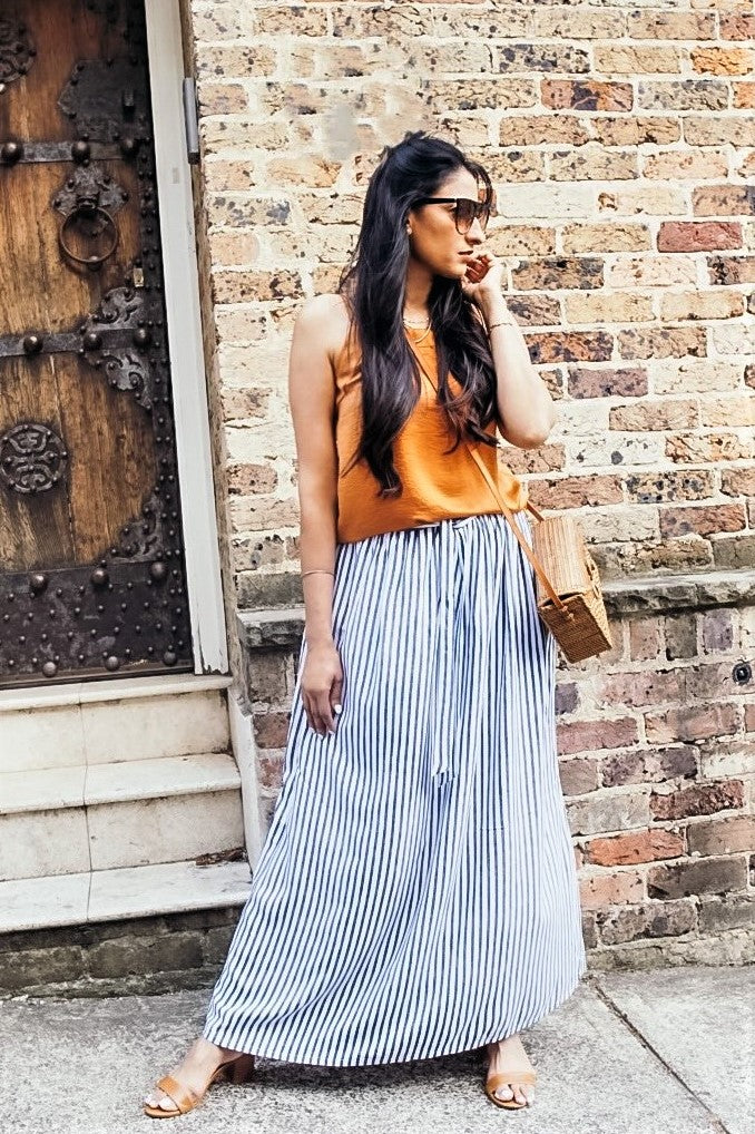 Womens Blue White Striped Long Skirt