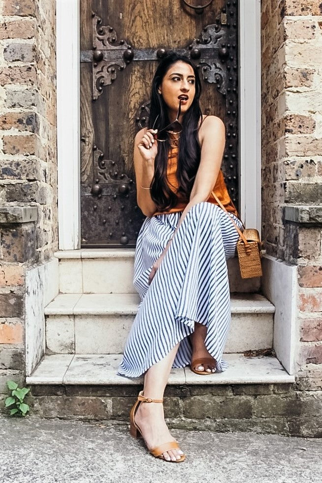 Womens Blue White Striped Long Skirt