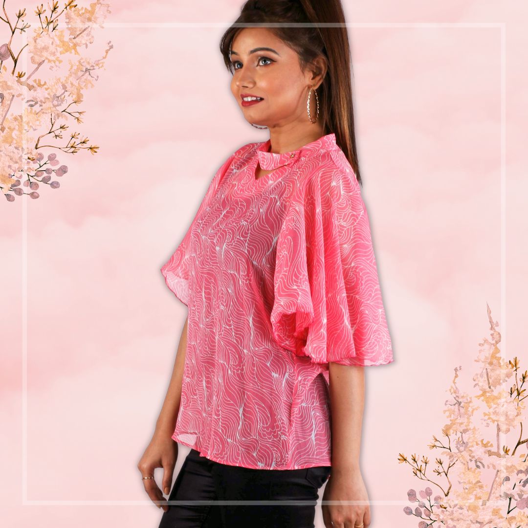 Women's Casual Pink Top With Butterfly Sleeve