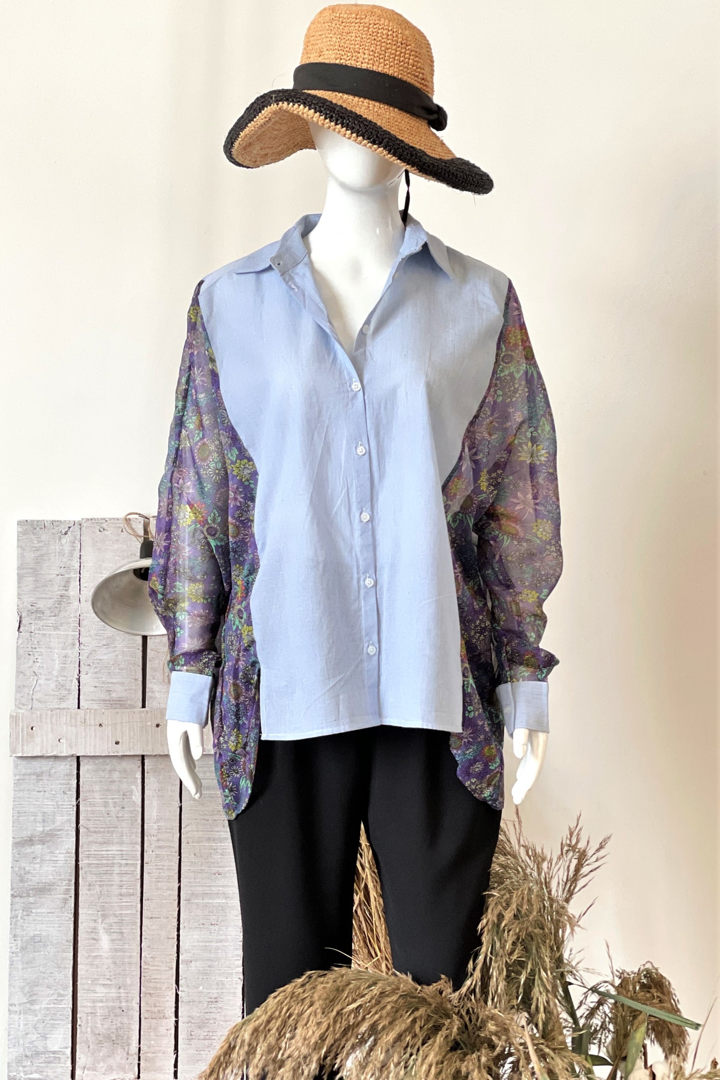 Womens Oversized Shirt with Floral Chiffon Sleeves