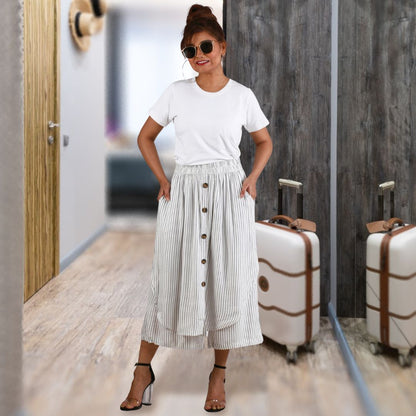 Women's Striped Three Fourth Pants With Skirt Look